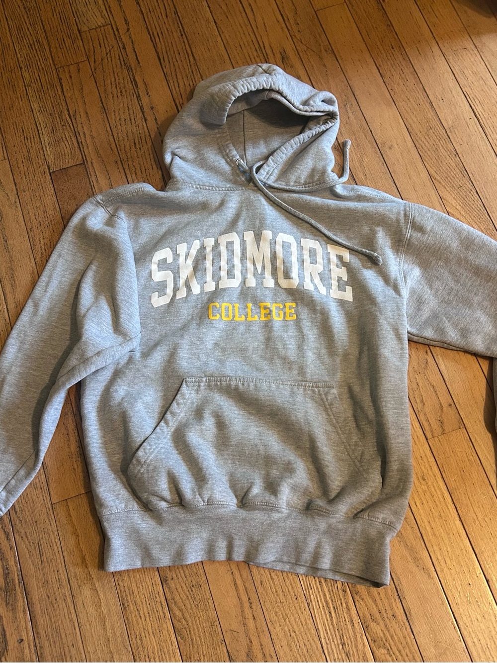 Source Unknown Gray Hooded Sweatshirt with White and Yellow Lettering